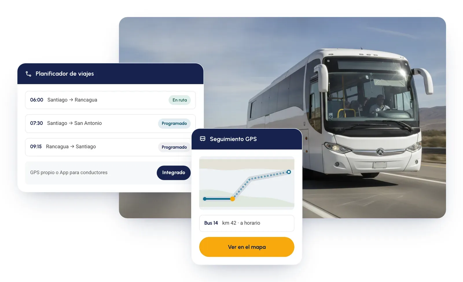 Planificador de viajes interurbanos y seguimiento GPS del bus, sobre la foto de un bus de pasajeros en la carretera
