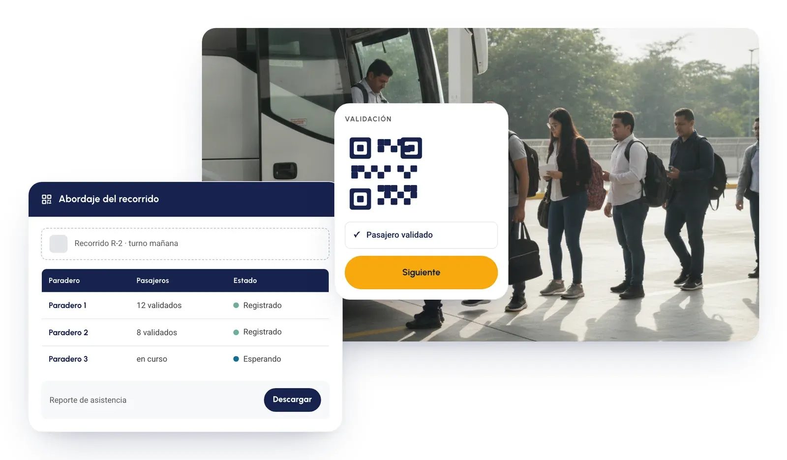 Validación de pasajeros por QR y reporte de asistencia por paradero, sobre la foto de pasajeros abordando un bus interurbano
