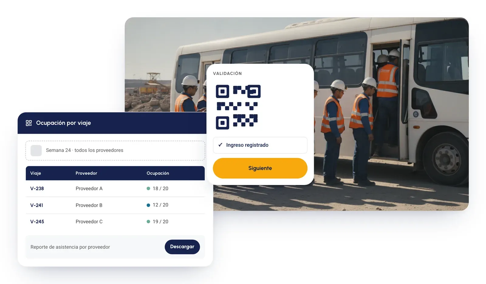 Validación de pasajeros por QR y panel de ocupación por viaje y proveedor con reporte descargable, sobre la foto de trabajadores abordando un bus de acercamiento en una faena