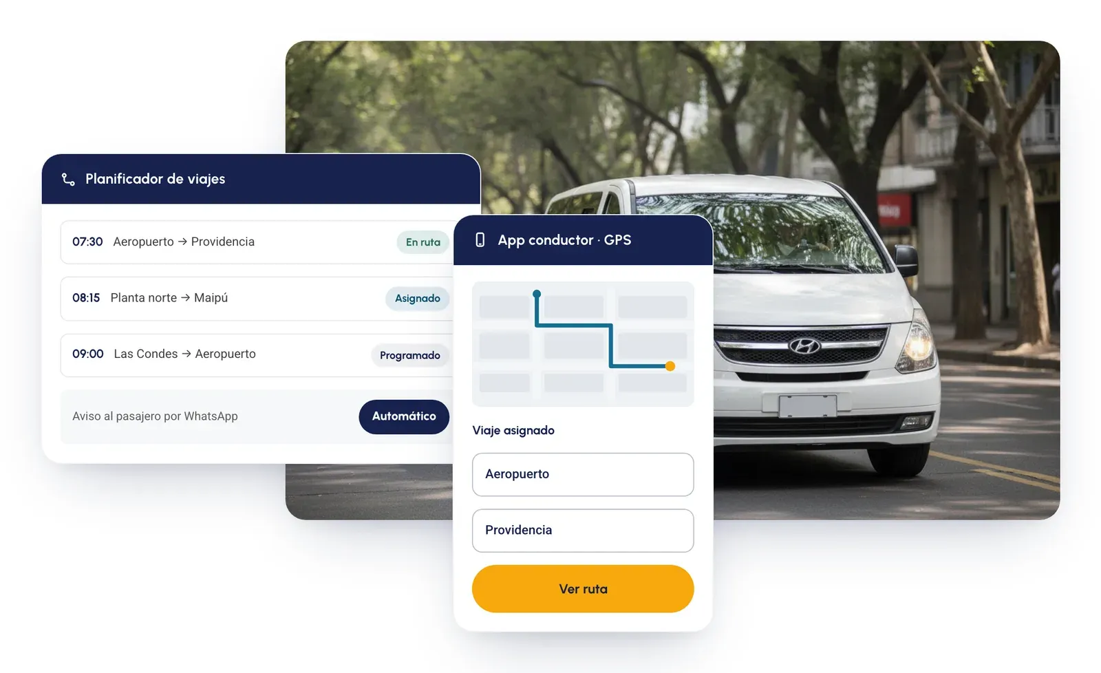 Planificador de viajes de Urvan y app GPS del conductor, montados sobre la foto de una van de pasajeros en la calle