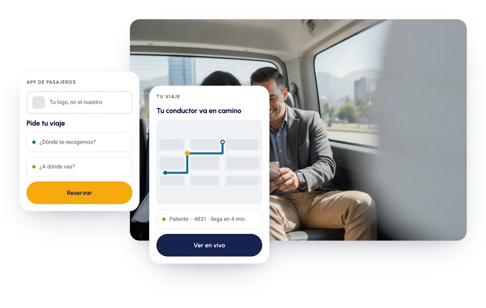 Pantallas de la app de pasajeros con la marca del cliente y la ubicación del conductor en tiempo real, sobre la foto de dos pasajeros en una van