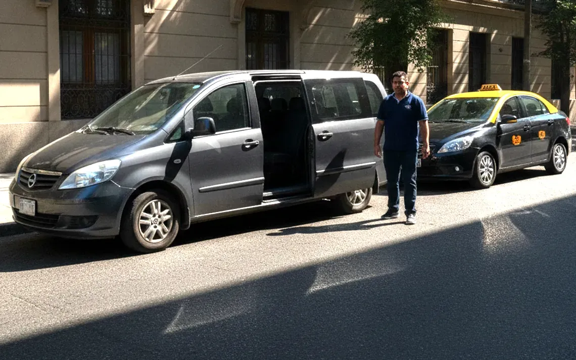Conductor junto a una van de pasajeros estacionada en la calle, con un taxi detrás