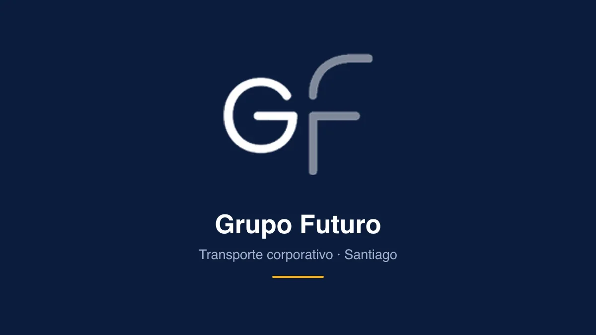Logotipo de Grupo Futuro sobre fondo azul, con la leyenda «Transporte corporativo · Santiago»