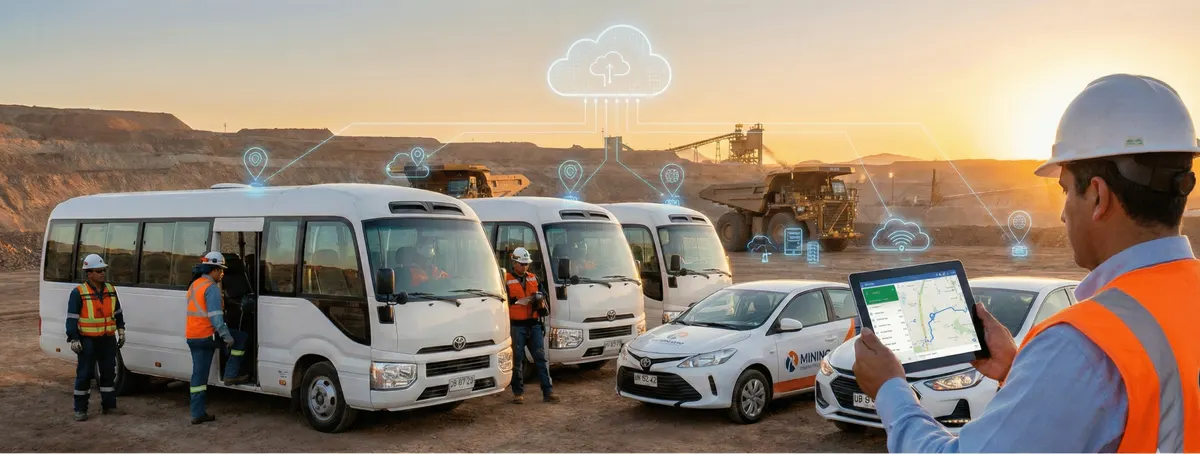 Ilustración de una flota de minibuses y un vehículo en una faena minera, con trabajadores y un tablet mostrando el seguimiento de los viajes.